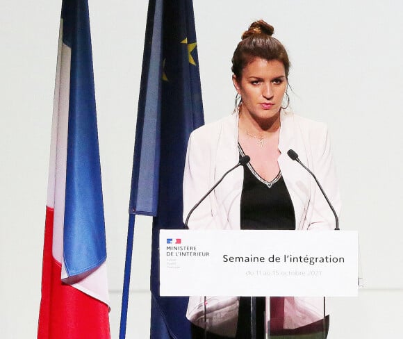 Marlène Schiappa lors de son discours de clôture de la semaine de l'intégration à la Station F à Paris. Le 15 octobre 2021