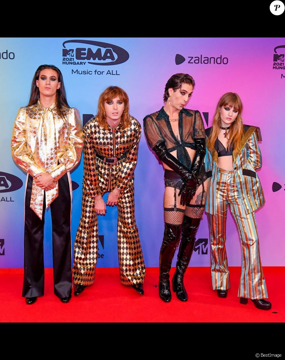 Maneskin au photocall des "MTV Europe Music Awards (EMA)" au Laszlo Papp Budapest Sports Arena. Budapest, le 14 novembre 2021.