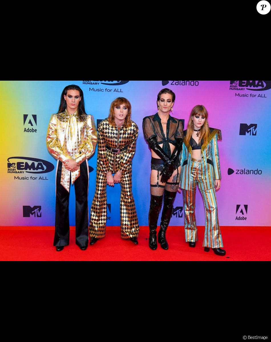 Maneskin au photocall des "MTV Europe Music Awards (EMA)" au Laszlo Papp Budapest Sports Arena. Budapest, le 14 novembre 2021.