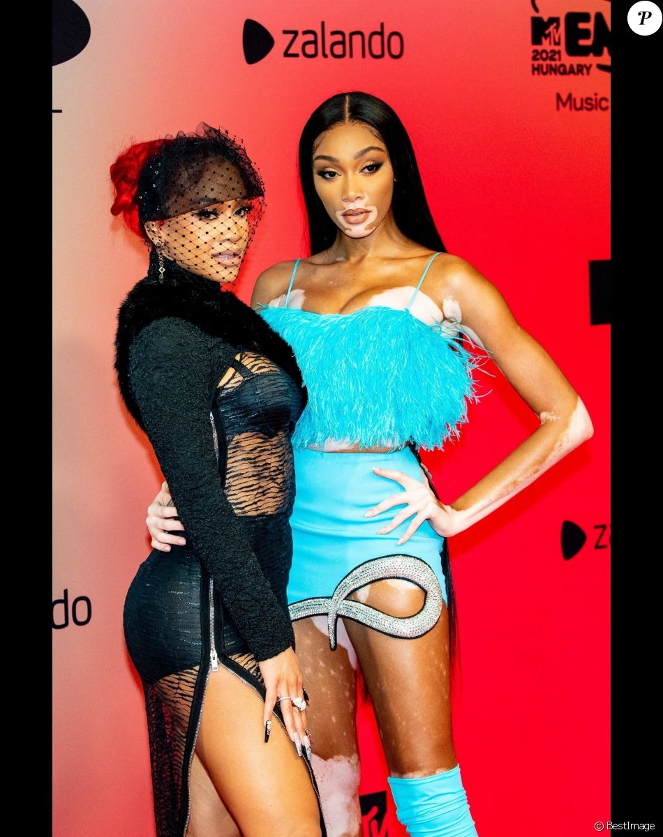 Saweetie, Winnie Harlow au photocall des "MTV Europe Music Awards (EMA)" au Laszlo Papp Budapest Sports Arena. Budapest, le 14 novembre 2021.