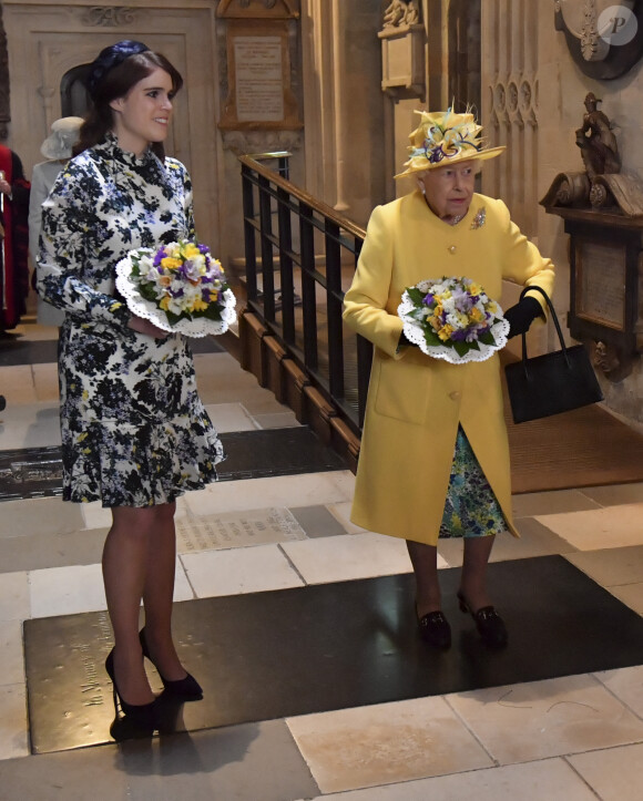 La reine Elisabeth II d'Angleterre et la princesse Eugenie d'York lors du service religieux "Royal Maundy" en la chapelle St George au château de Windsor. Le 18 avril 2019
