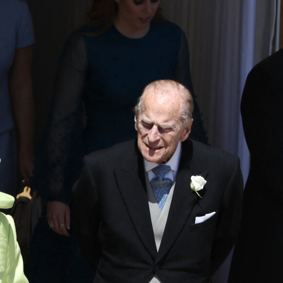 La reine Elisabeth II d'Angleterre, Le prince Philip, duc d'Edimbourg - Les invités à la sortie de la chapelle St. George au château de Windsor, Royaume Uni, le 19 mai 2018, jour du mariage du prince Harry et Meghan Markle.