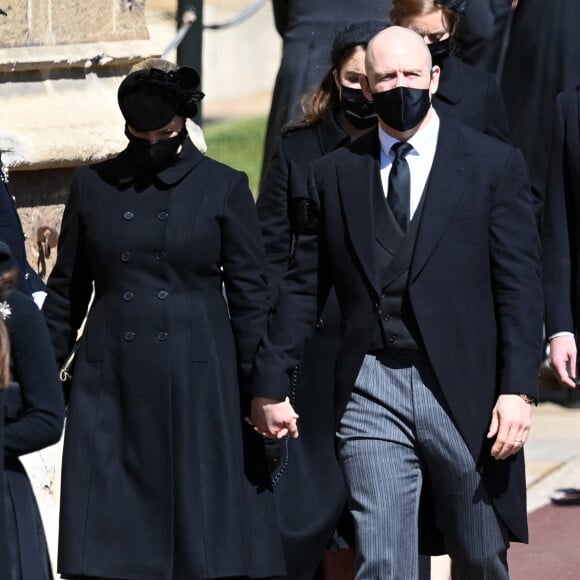 Zara Phillips (Tindall) et Mike Tindall - Arrivées aux funérailles du prince Philip, duc d'Edimbourg à la chapelle Saint-Georges du château de Windsor, le 17 avril 2021.