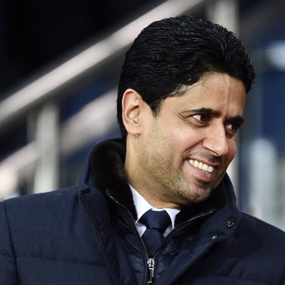 Nasser al-Khelaïfi (pdg du PSG) et Leonardo (directeur sportif du PSG) dans les tribunes lors du match de Champions League "PSG - Galatasaray (5-0)" au Parc des Princes à Paris, le 11 décembre 2019.