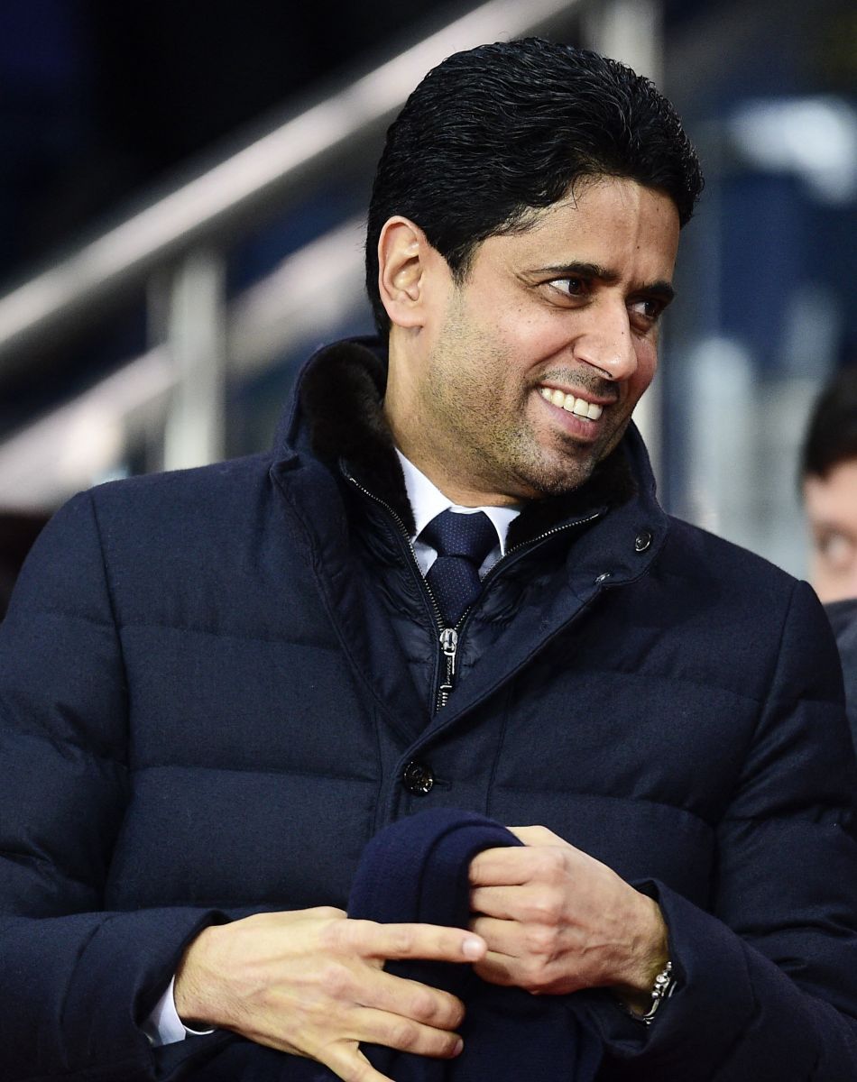Nasser al-Khelaïfi (pdg du PSG) et Leonardo (directeur sportif du PSG) dans les tribunes lors du match de Champions League "PSG - Galatasaray (5-0)" au Parc des Princes à Paris, le 11 décembre 2019.