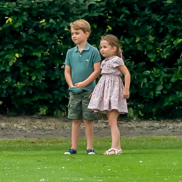 Le prince George de Cambridge et sa soeur la princesse Charlotte de Cambridge lors d'un match de polo de bienfaisance King Power Royal Charity Polo Day à Wokinghan, comté de Berkshire, Royaume Uni, le 10 juillet 2019.