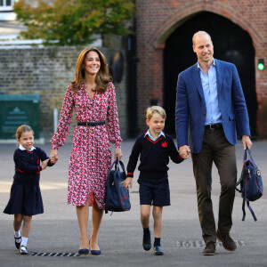 Le prince William, duc de Cambridge, et Catherine (Kate) Middleton, duchesse de Cambridge, accompagnent le prince George et la princesse Charlotte pour leur rentrée scolaire à l'école Thomas's Battersea à Londres, Royaume Uni, le 5 septembre 2019.