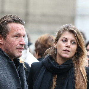 Benjamin Castaldi et sa compagne Aurore Aleman - Obsèques de Danièle Delorme en l'église de Saint-Germain-des Prés à Paris. Le 23 octobre 2015