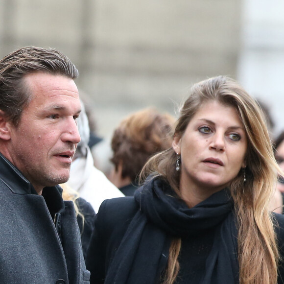 Benjamin Castaldi et sa compagne Aurore Aleman - Obsèques de Danièle Delorme en l'église de Saint-Germain-des Prés à Paris. Le 23 octobre 2015