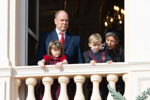 Le prince Albert II de Monaco, ses enfants le prince Jacques et la princesse Gabriella, et la princesse Caroline de Hanovre durant la célébration de la Sainte Dévote, Sainte patronne de Monaco, le 27 janvier 2022.