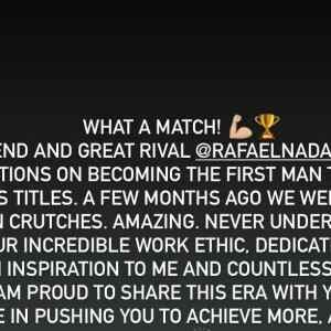 Message de Roger Federer après la victoire de Rafael Nadal posté en story Instagram © Instagram / Roger Federer