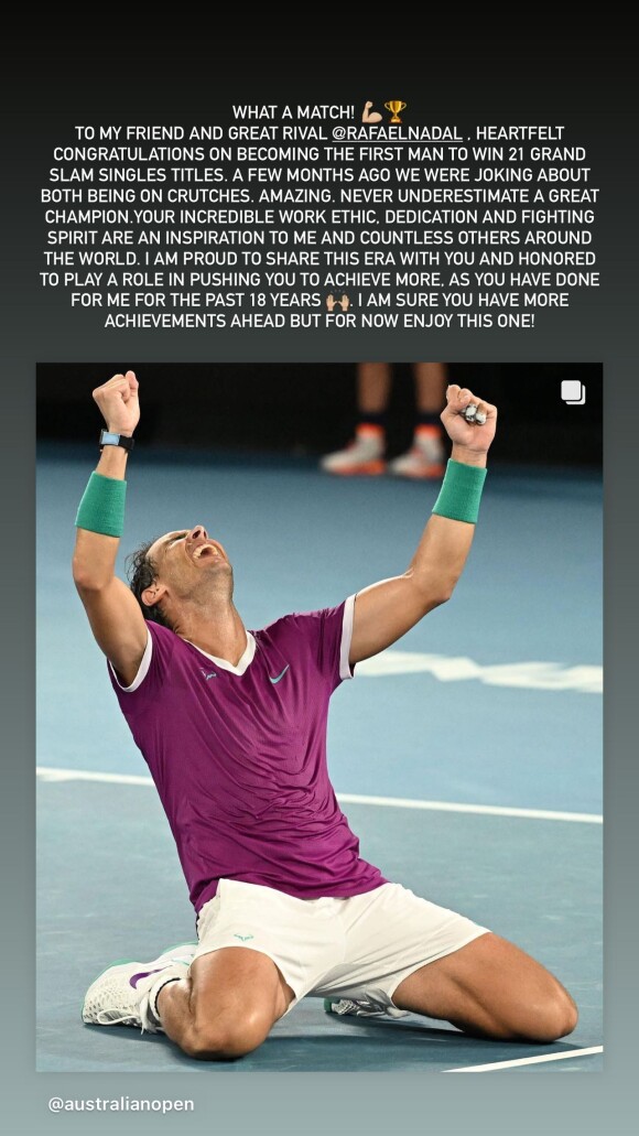 Message de Roger Federer après la victoire de Rafael Nadal posté en story Instagram © Instagram / Roger Federer