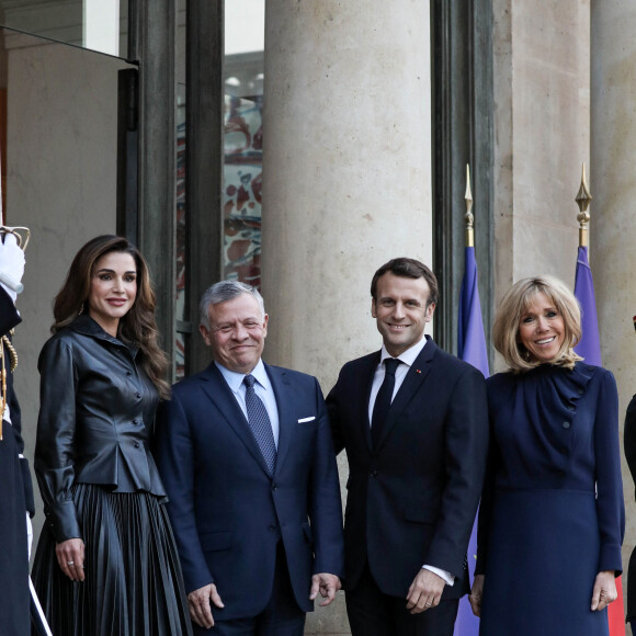 La reine Rania, le roi Abdallah II de Jordanie, le président Emmanuel Macron, la première dame Brigitte Macron - Le président de la République française et sa femme accueillent le roi et la reine de Jordanie au palais de l'Elysée à Paris le 29 mars 2019. © Stéphane Lemouton / Bestimage