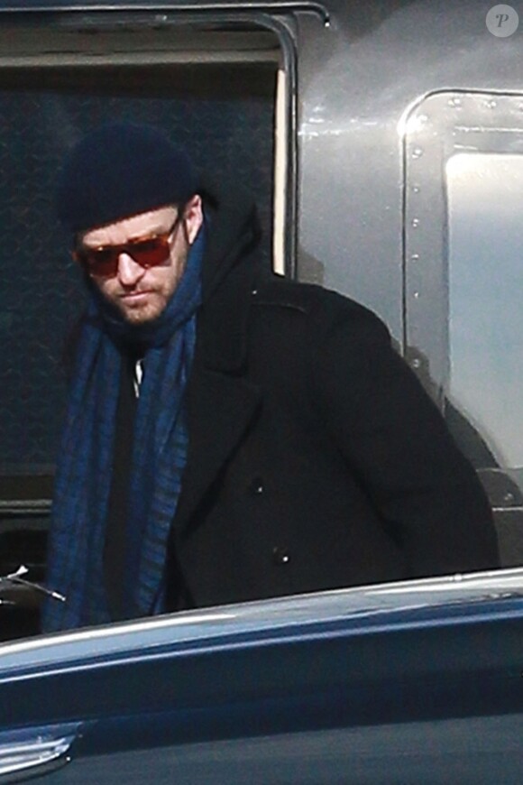 Justin Timberlake prend un hélicoptère avec son fils Silas à New York City, New York, Etats-Unis, le 3 février 2019.