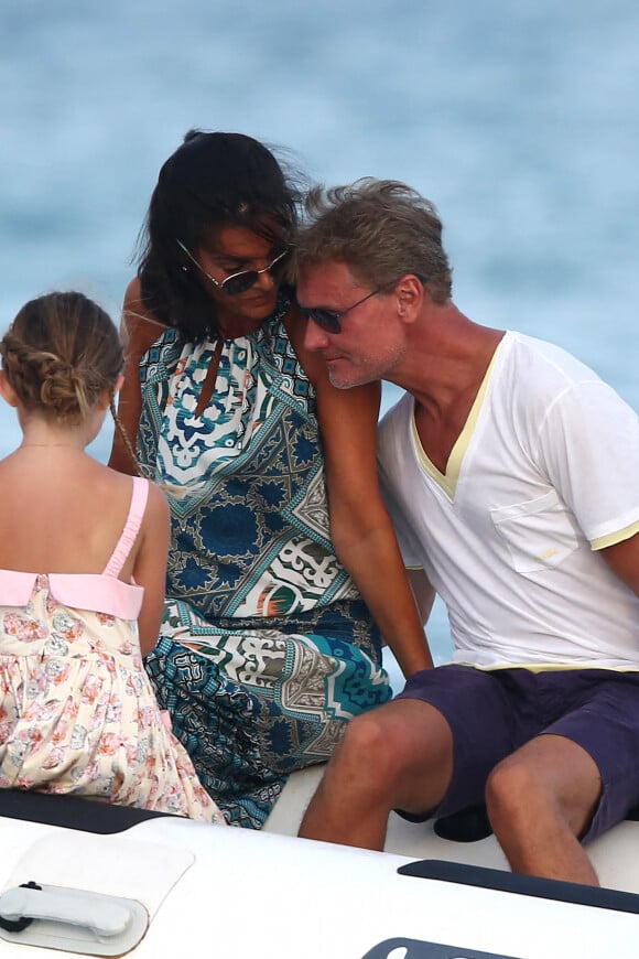 Exclusif - David Coulthard, son ex femme Karen Minier, Amanda Holden, son mari Chris Hughes et leurs filles Alexa Louise Florence Hughes et Hollie Rose Hughes, retrouvent Piers Morgan pour sa fête au Club 55 à Saint-Tropez, le 23 juillet 2020.