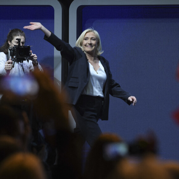 La candidate du RN ( Rassemblement National) Marine Le Pen lors de sa convention présidentielle à Reims, destinée à lancer officiellement sa campagne présidentielle . Reims le 5 février 2022