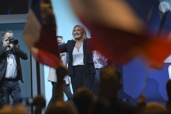 La candidate du RN ( Rassemblement National) Marine Le Pen lors de sa convention présidentielle à Reims, destinée à lancer officiellement sa campagne présidentielle . Reims le 5 février 2022