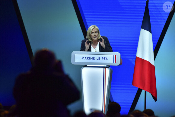 La candidate du RN ( Rassemblement National) Marine Le Pen lors de sa convention présidentielle à Reims, destinée à lancer officiellement sa campagne présidentielle . Reims le 5 février 2022