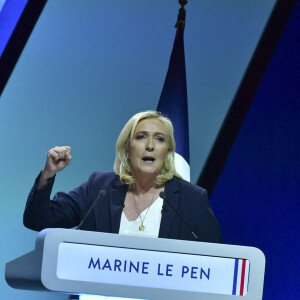 La candidate du RN ( Rassemblement National) Marine Le Pen lors de sa convention présidentielle à Reims, destinée à lancer officiellement sa campagne présidentielle . Reims le 5 février 2022