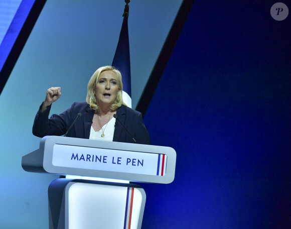 La candidate du RN ( Rassemblement National) Marine Le Pen lors de sa convention présidentielle à Reims, destinée à lancer officiellement sa campagne présidentielle . Reims le 5 février 2022