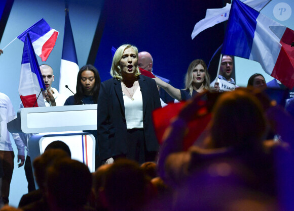 La candidate du RN ( Rassemblement National) Marine Le Pen lors de sa convention présidentielle à Reims, destinée à lancer officiellement sa campagne présidentielle . Reims le 5 février 2022