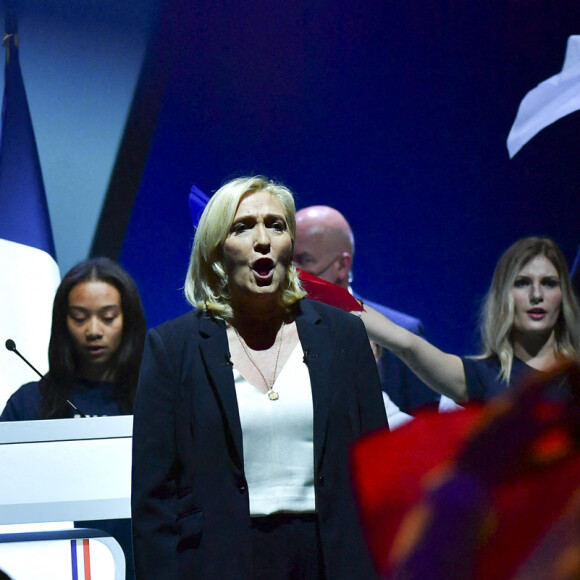 La candidate du RN ( Rassemblement National) Marine Le Pen lors de sa convention présidentielle à Reims, destinée à lancer officiellement sa campagne présidentielle . Reims le 5 février 2022