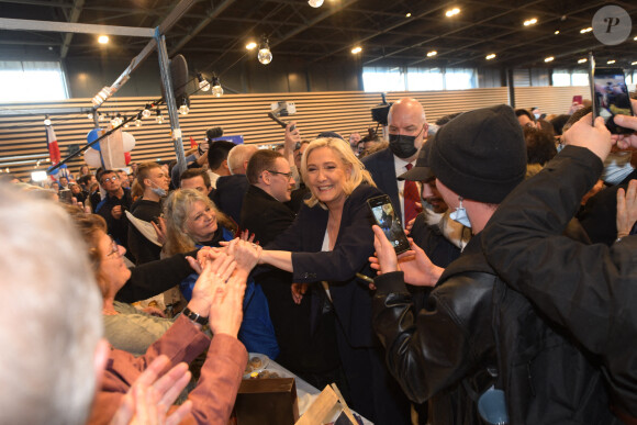 La candidate du RN ( Rassemblement National) Marine Le Pen lors de sa convention présidentielle à Reims, destinée à lancer officiellement sa campagne présidentielle . Reims le 5 février 2022