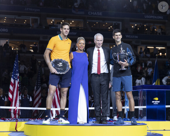 Juan Martin del Potro, Katrina Adams et John McEnroe - Novak Djokovic, vainqueur de l'US Open de Tennis 2018 à New York. Le 9 septembre 2018