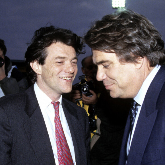 Bernard Tapie et Jean-Louis Borloo lors du match opposant l'OM et le FC Valenciennes en 1993