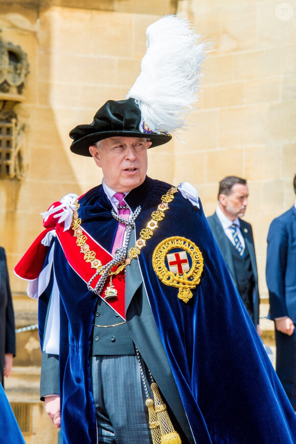 Le prince Andrew, duc d'York, lors de la cérémonie annuelle de l'Ordre de la Jarretière (Garter Service) au château de Windsor, le 17 juin 2019. 