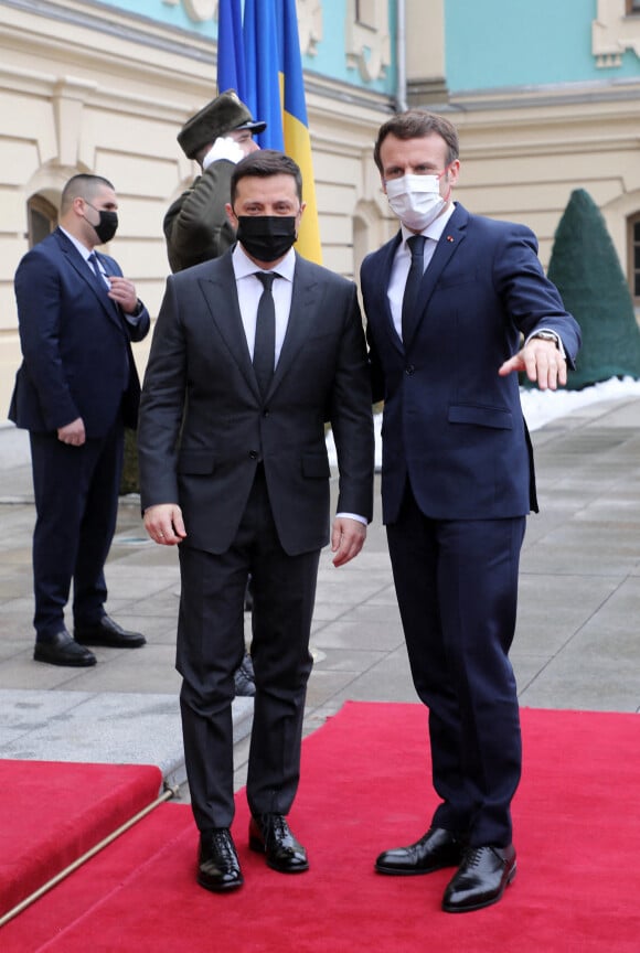 Le président Emmanuel Macron arrive au palais présidentiel à Kiev pour une rencontre avec Volodymyr Zelensky, le président de l'Ukraine le 8 février 2022 © Dominique Jacovides / Bestimage