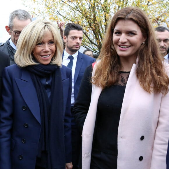 La première dame, Brigitte Macron, Jean-Michel Blanquer, ministre de l'éducation, Marlène Schiappa, secrétaire d'Etat, chargée de l'Egalité des femmes et des hommes se rendent au collège des petits ponts à Clamart, pour évoquer la lutte contre le harcèlement à l'école sous toutes ses formes à Clamart. Le 15 novembre 2018.