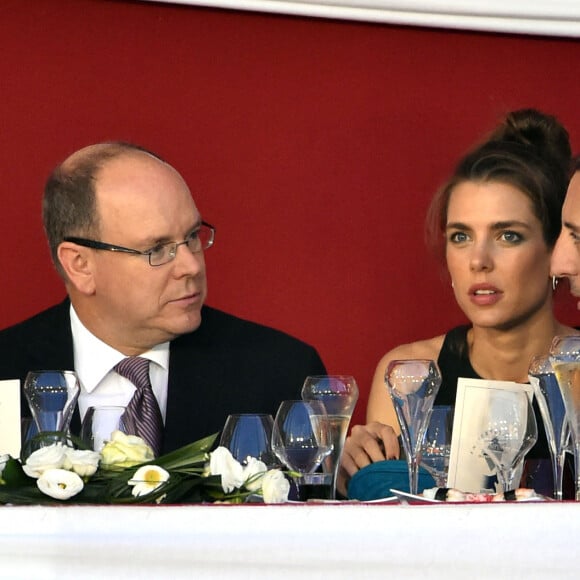 Le prince Albert II de Monaco, Charlotte Casiraghi et Gad Elmaleh - Soirée de cloture du 20ème Jumping International de Monte-Carlo au Port Hercule de Monaco à Monte-Carlo, le 27 juin 2015.