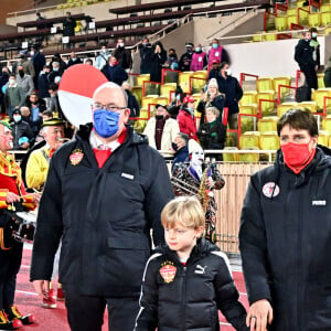 Le prince Albert II de Monaco, La princesse Stéphanie de Monaco, le prince Jacques, La princesse Gabriella durant la seconde édition de la Fight Aids Cup, un match de football caritatif au stade Louis II le 24 janvier 2021. © Bruno Bebert/Bestimage