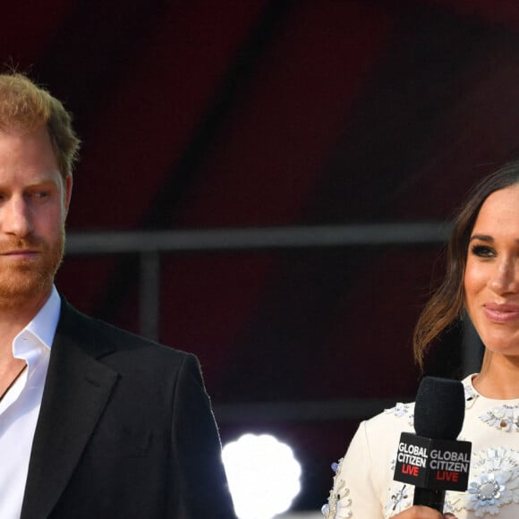 Le prince Harry, duc de Sussex et Meghan Markle sur la scène du "Global Citizen Live Festival" à Central Park à New York. Septembre 2021