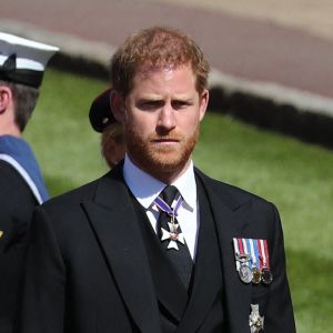 Le prince Harry, duc de Sussex, aux funérailles du prince Philip, duc d'Edimbourg à la chapelle Saint-Georges du château de Windsor.