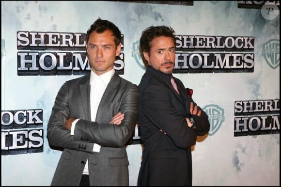 Jude Law et Robert Downey Jr. à l'avant-première de Sherlock Holmes à Madrid le 12 janvier 2010
