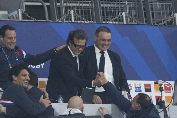 Fabien Galthié, sélectionneur de l'équipe de France de Rugby et Raphaël Ibañez, manager général de l'équipe de France, assistent à la rencontre de rugby opposant la France à l'Angleterre, au stade de France, dans le cadre du Tournoi des Six Nations. Saint-Denis, le 19 mars 2022. © Cyril Moreau/Bestimage