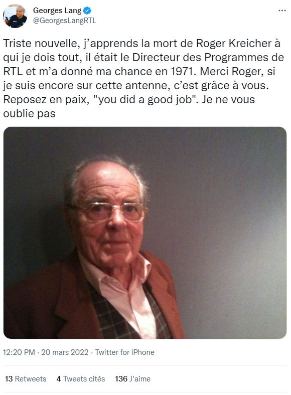 Georges Lang a rendu hommage à Roger Kreicher (mort à 97 ans) sur son compte Twitter.