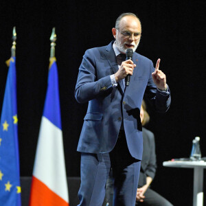 Edouard Philippe, l'ancien Premier ministre et fondateur du parti politique Horizons, durant le Meeting de soutient au candidat Emmanuel Macron, à Nice, le 23 mars 2022, pour les prochaines élections présidentielles.