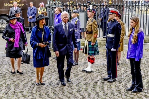 La reine Silvia et le roi Carl XVI Gustav de Suède - Service d'action de grâce en hommage au prince Philip, duc d'Edimbourg, à l'abbaye de Westminster à Londres, le 29 mars 2022.