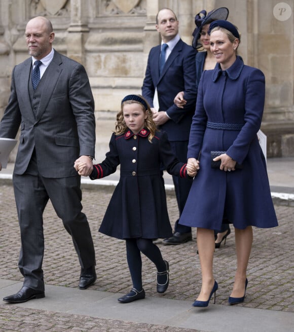 Zara et Mike Tindall avec leur fille Mia - Service d'action de grâce en hommage au prince Philip, duc d'Edimbourg, à l'abbaye de Westminster à Londres, le 29 mars 2022. Le prince Philip, duc d'Edimbourg, est décédé le 9 avril 2021.
