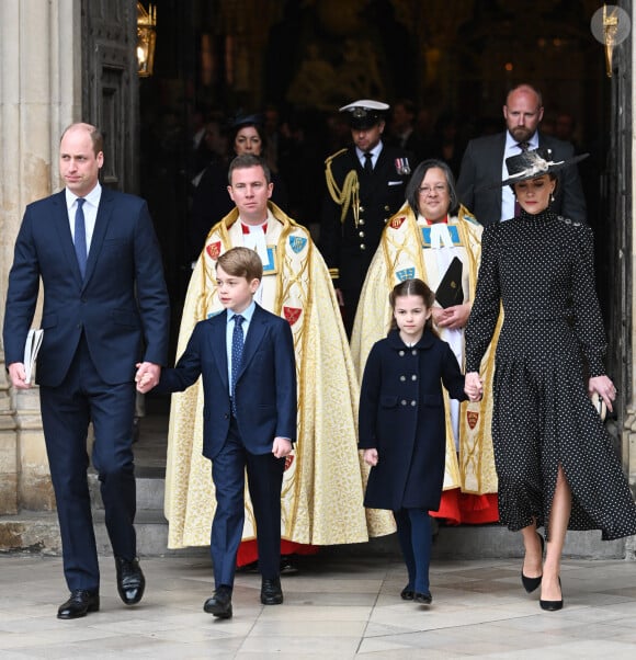 Le prince William, duc de Cambridge, et Catherine (Kate) Middleton, duchesse de Cambridge, Le prince George de Cambridge, La princesse Charlotte de Cambridge - Service d'action de grâce en hommage au prince Philip, duc d'Edimbourg, à l'abbaye de Westminster à Londres, le 29 mars 2022.
