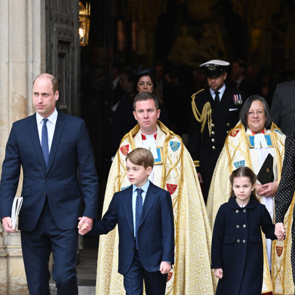 Le prince William, duc de Cambridge, et Catherine (Kate) Middleton, duchesse de Cambridge, Le prince George de Cambridge, La princesse Charlotte de Cambridge - Service d'action de grâce en hommage au prince Philip, duc d'Edimbourg, à l'abbaye de Westminster à Londres, le 29 mars 2022.