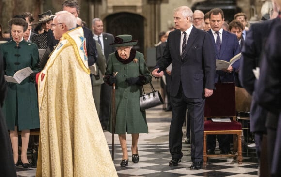 La princesse Anne, son mari Timothy Laurence, La reine Elisabeth II d'Angleterre et Le prince Andrew, duc d'York - Service d'action de grâce en hommage au prince Philip, duc d'Edimbourg, à l'abbaye de Westminster à Londres.