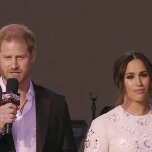 Capture d'écran de l'intervention du Prince Harry et sa femme Meghan Markle pendant le concert "Global Citizen Live" à New York, le 26 septembre 2021.