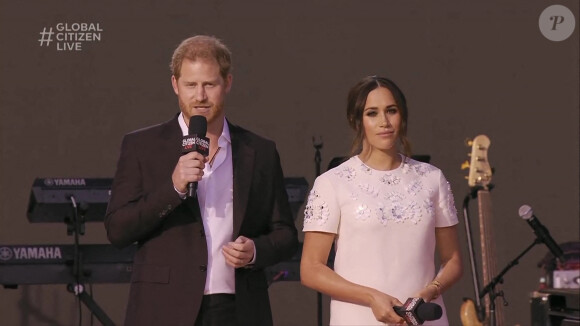 Capture d'écran de l'intervention du Prince Harry et sa femme Meghan Markle pendant le concert "Global Citizen Live" à New York, le 26 septembre 2021.