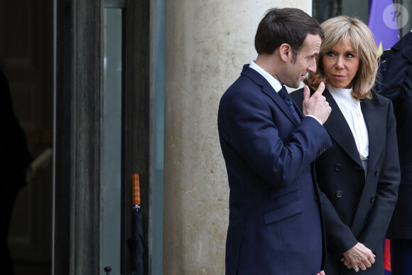 Le président Emmanuel Macron, la première dame Brigitte Macron - Le roi et la reine d'Espagne arrivent au palais de l'Elysée à Paris pour un déjeuner avant la cérémonie à l'occasion de la première journée nationale d'hommage aux victimes du terrorisme le 11 mars 2020