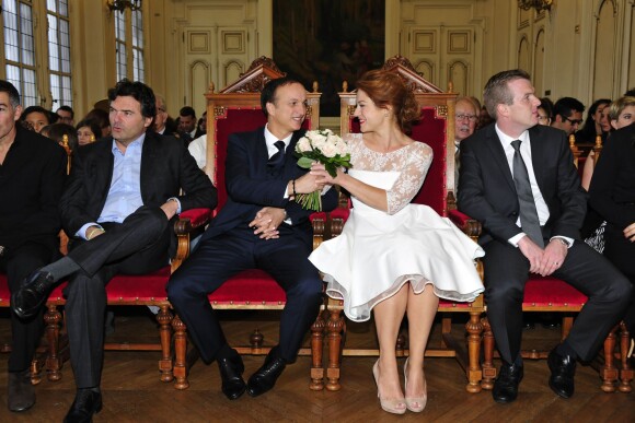 Exclusif - Emilie Dequenne, son époux Michel Ferracci, et leurs témoins - Mariage de Michel Ferracci et Emilie Dequenne à la mairie du 10e arrondissement, le samedi 11 octobre 2014 à Paris.