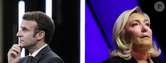 Photomontage - Duel Emmanuel Macron - Marine Le Pen pour le 2 ème tour des élections présidentielles 2022 le 10 avril 2022